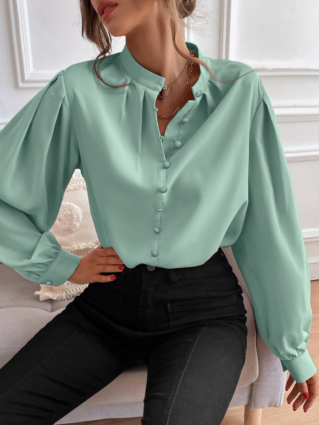 Ropa de Mujer, Ropa de Mujer, Tops & Blusas & Camisetas de Mujer, Blusas de Mujer, Colección de trajes de mujer, verde menta