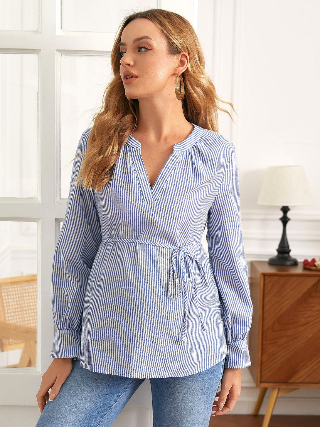 Ropa de Mujer, Ropa Premamá, Tops Premamá, Camisas premamá, Azul y blanco