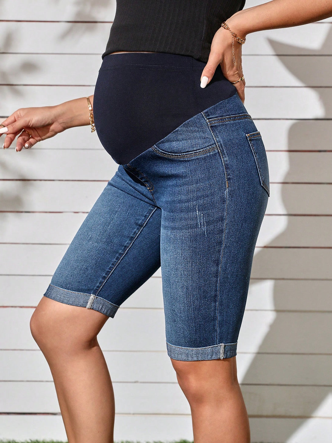 Ropa de Mujer, Ropa Premamá, Mezclilla premamá, Shorts Vaqueros Premamá, Azul lavado medio