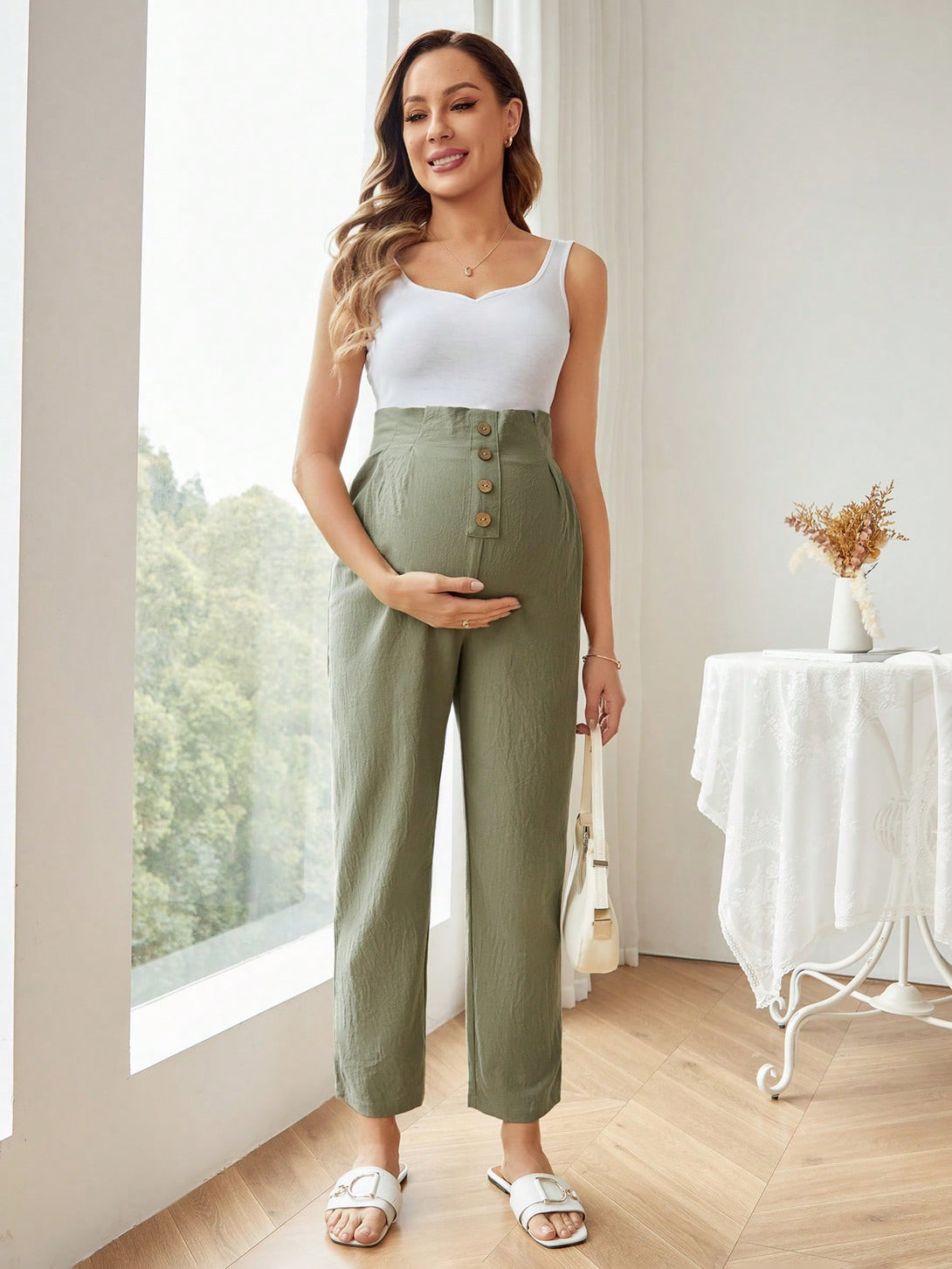 Ropa de Mujer, Ropa Premamá, Bottoms Premamá, Pantalones de maternidad, Verde militar