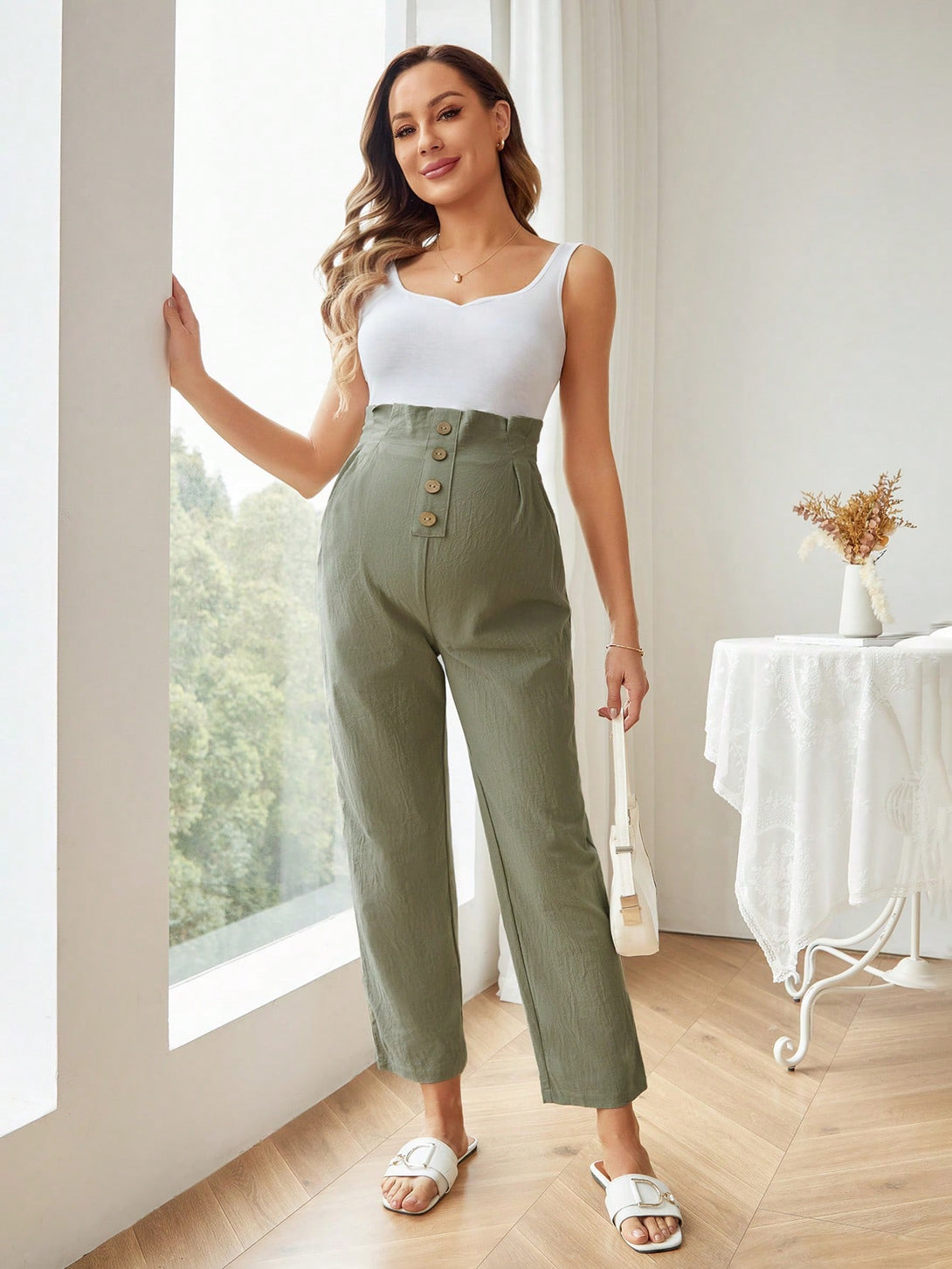 Ropa de Mujer, Ropa Premamá, Bottoms Premamá, Pantalones de maternidad, Verde militar