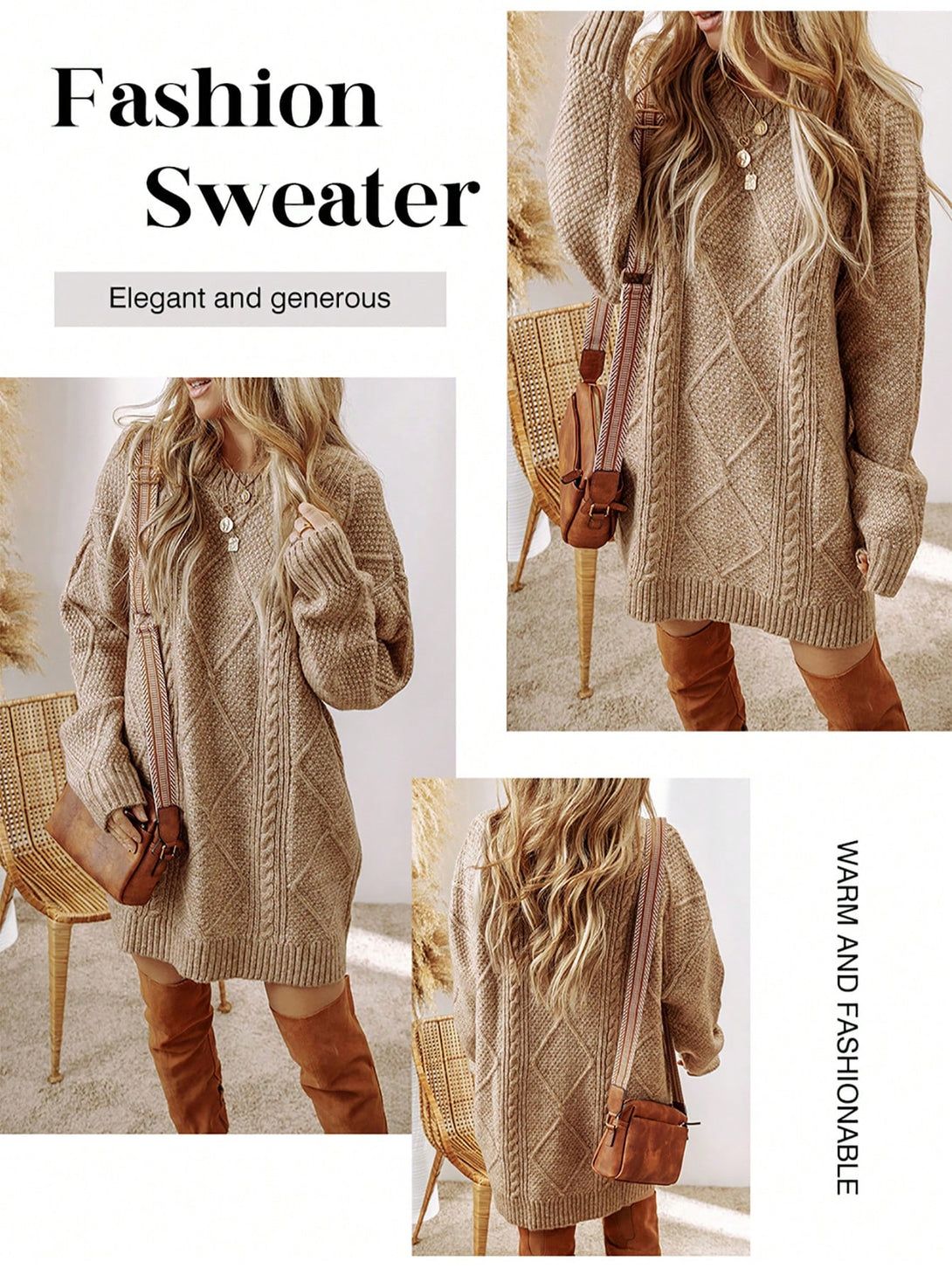 Ropa de Mujer, Tejido de Punto de Mujer, Vestidos de Jersey para Mujer, 41075324, Caqui